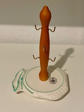 Handcrafted Italian Ceramic Jewelry Stand with Wooden Post - White & Teal Trim